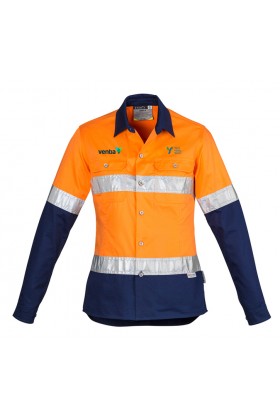 Womens Hi Vis Spliced Industrial Shirt (Orange/Navy) with 2 logos